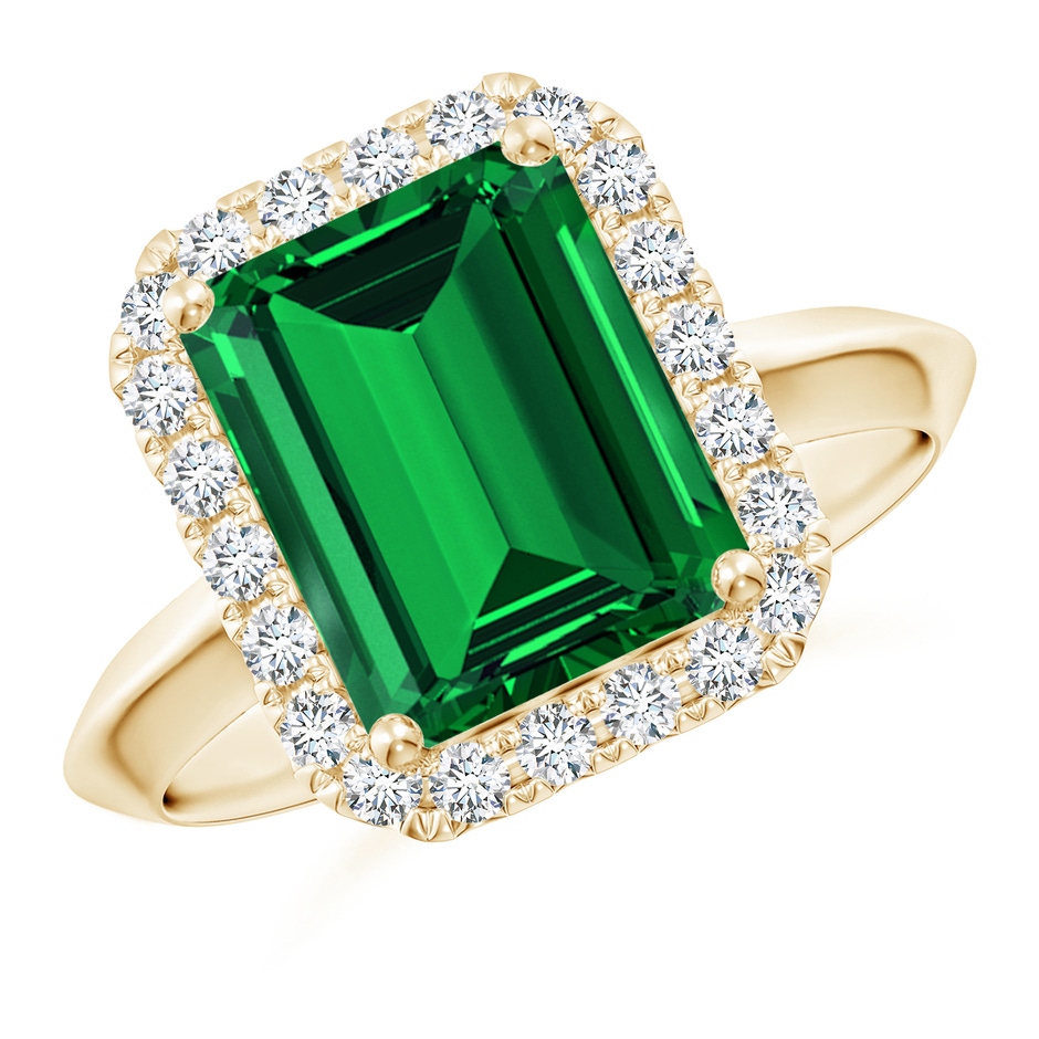 10x8mm Labgrown Lab-Grown Emerald-Cut Emerald Halo Knife-Edge Shank Engagement Ring in 18K Yellow Gold 