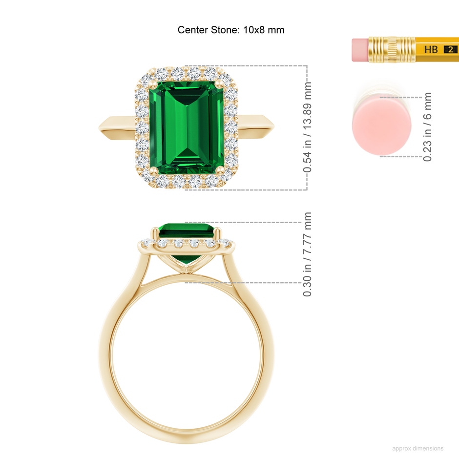 10x8mm Labgrown Lab-Grown Emerald-Cut Emerald Halo Knife-Edge Shank Engagement Ring in 18K Yellow Gold ruler