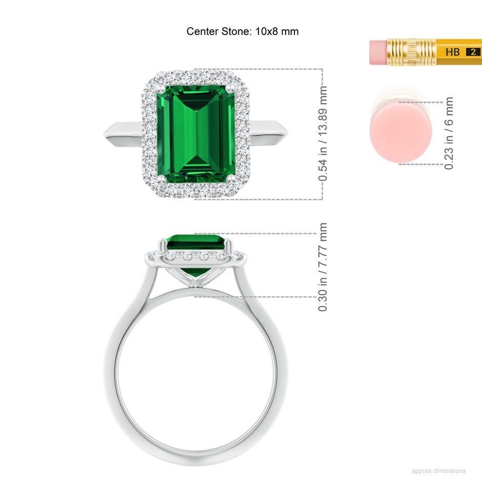 10x8mm Labgrown Lab-Grown Emerald-Cut Emerald Halo Knife-Edge Shank Engagement Ring in White Gold ruler