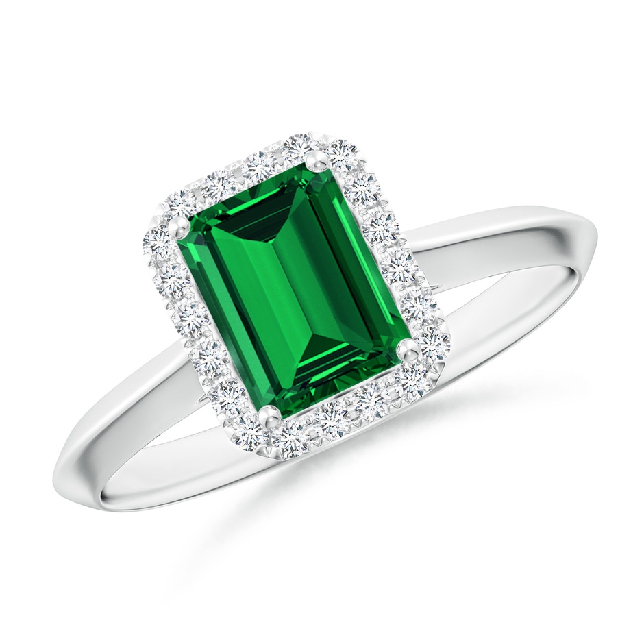 7x5mm Labgrown Lab-Grown Emerald-Cut Emerald Halo Knife-Edge Shank Engagement Ring in P950 Platinum 