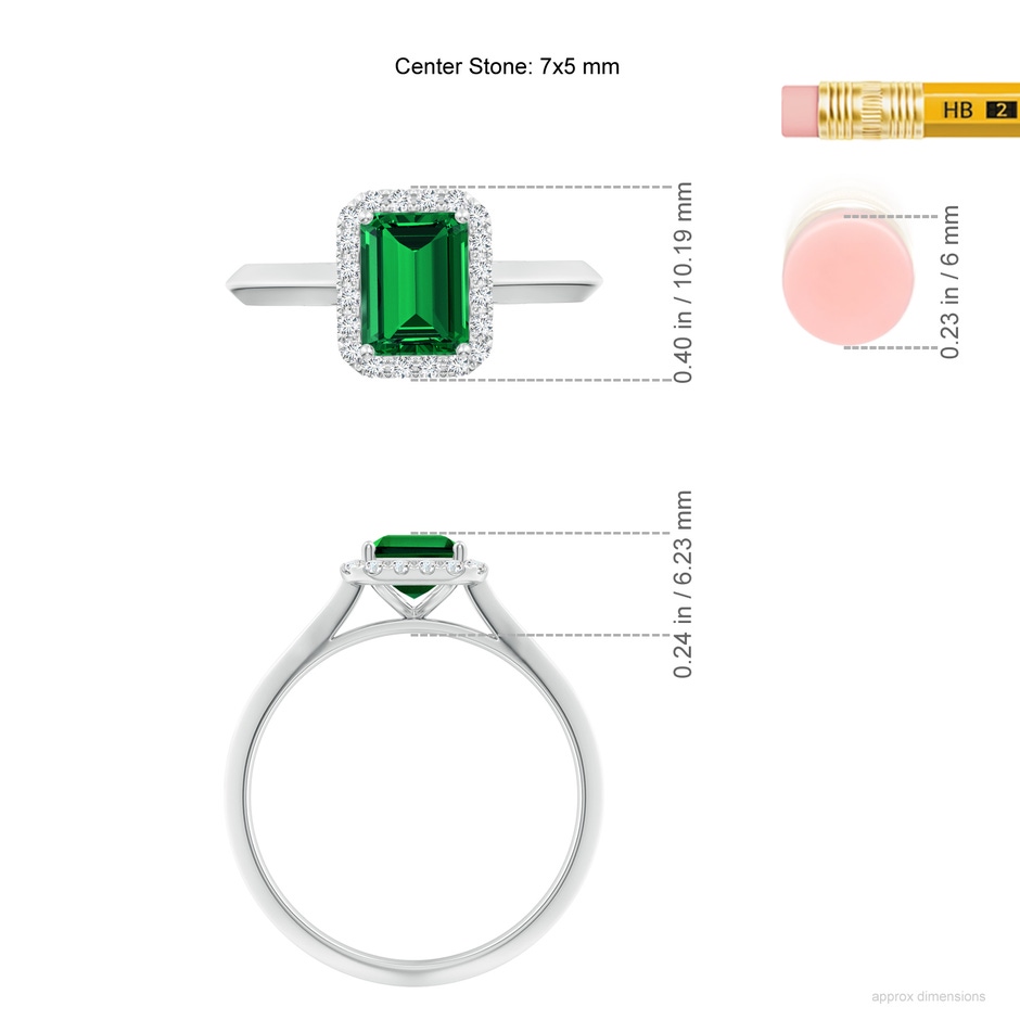 7x5mm Labgrown Lab-Grown Emerald-Cut Emerald Halo Knife-Edge Shank Engagement Ring in P950 Platinum ruler