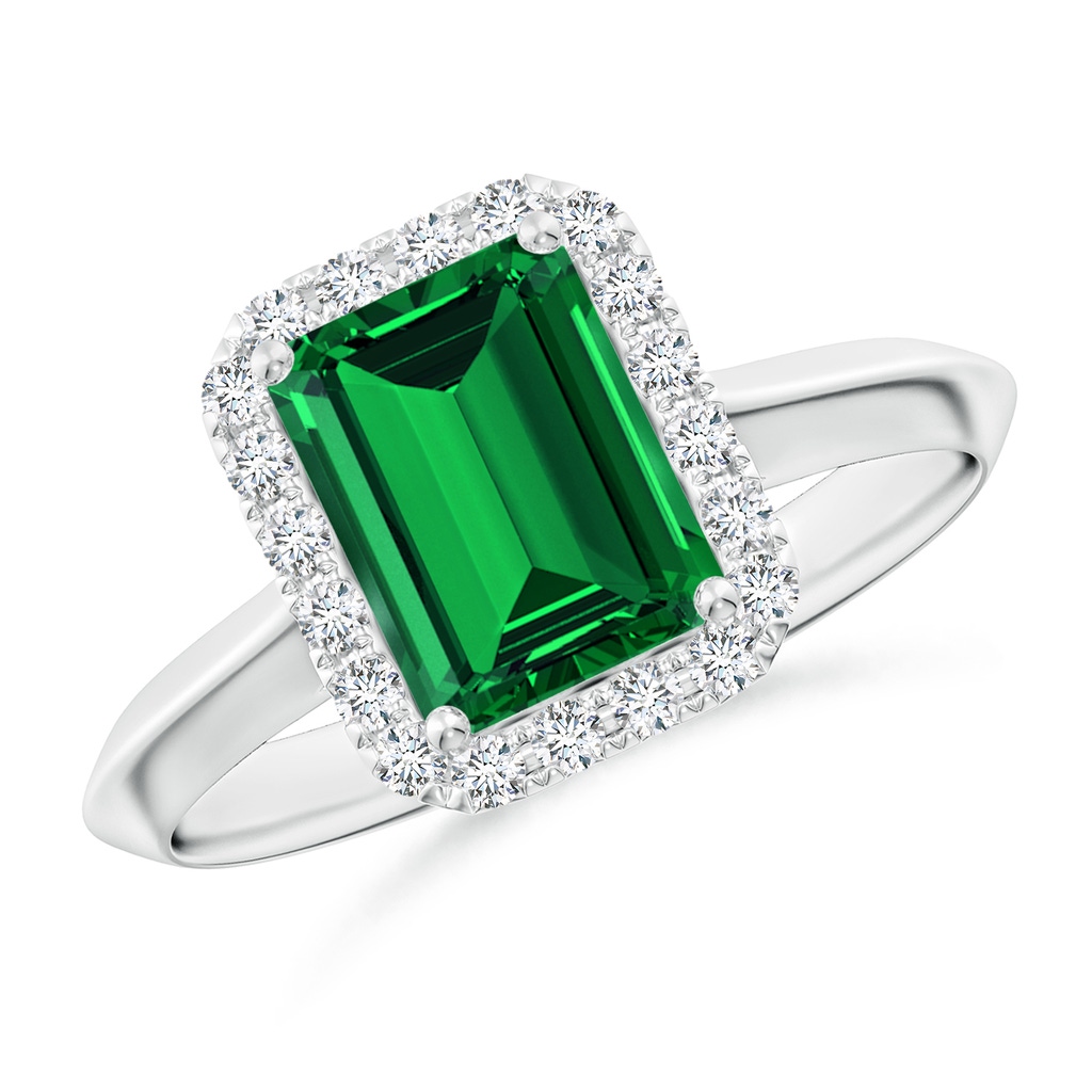 8x6mm Labgrown Lab-Grown Emerald-Cut Emerald Halo Knife-Edge Shank Engagement Ring in White Gold