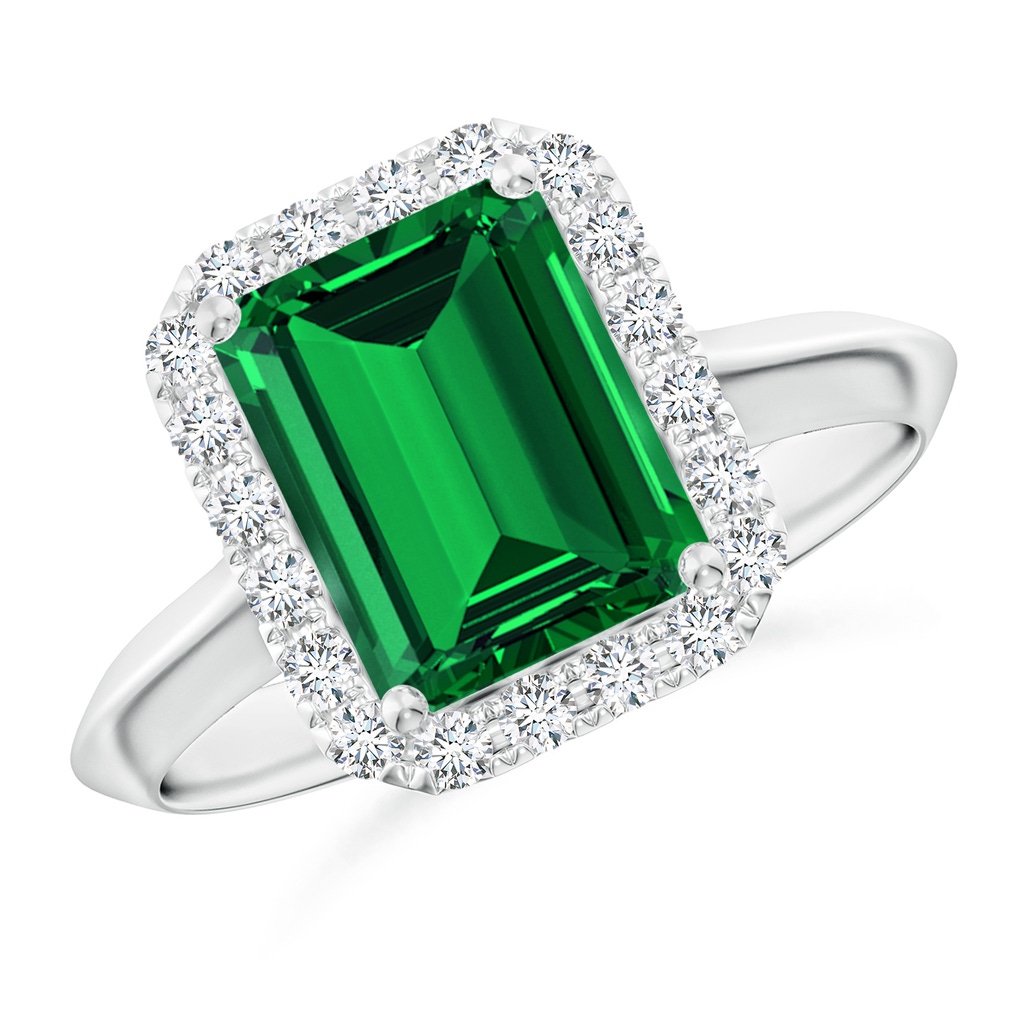9x7mm Labgrown Lab-Grown Emerald-Cut Emerald Halo Knife-Edge Shank Engagement Ring in White Gold