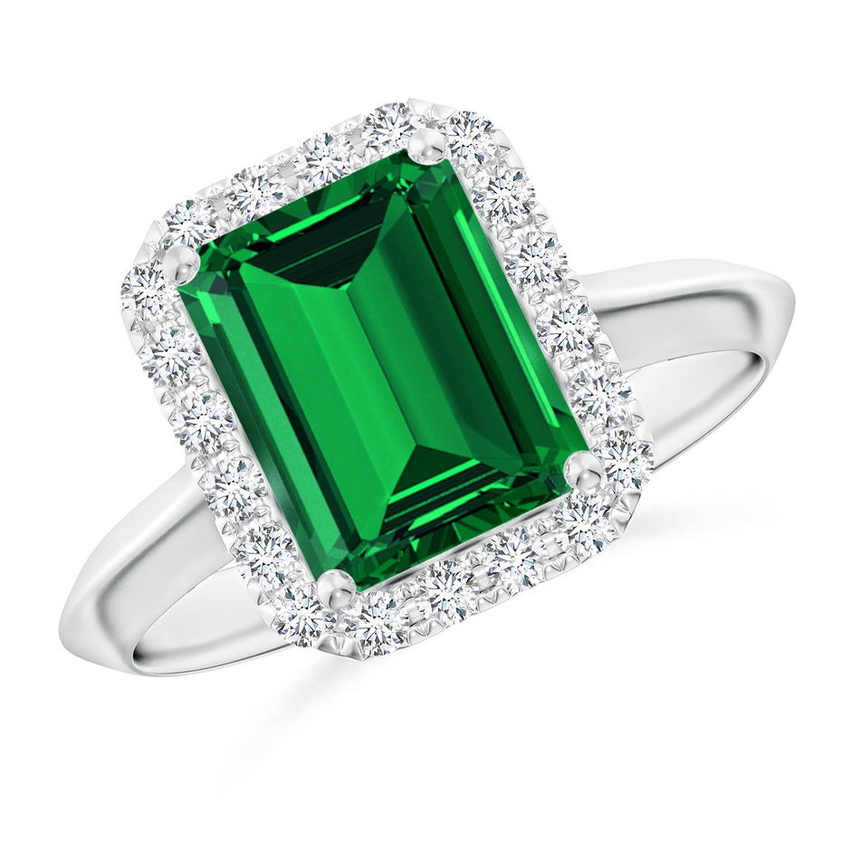 9x7mm Labgrown Lab-Grown Emerald-Cut Emerald Halo Knife-Edge Shank Engagement Ring in White Gold 