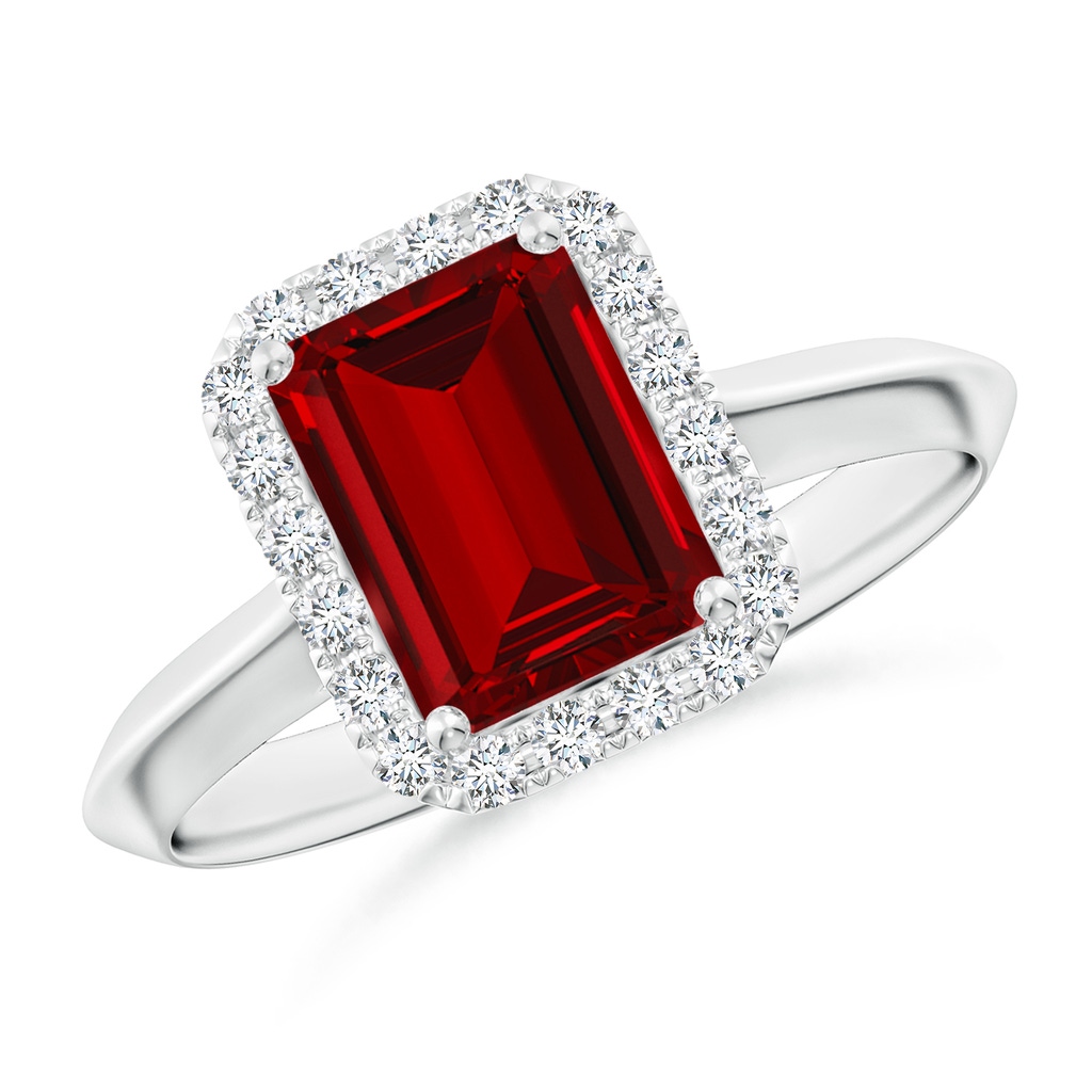 8x6mm Labgrown Lab-Grown Emerald-Cut Ruby Halo Knife-Edge Shank Engagement Ring in 18K White Gold