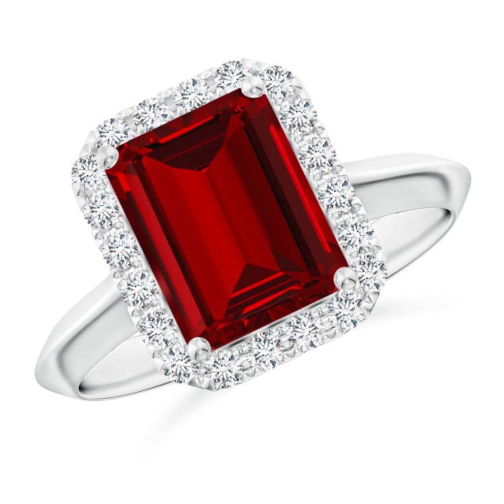 9x7mm Labgrown Lab-Grown Emerald-Cut Ruby Halo Knife-Edge Shank Engagement Ring in White Gold