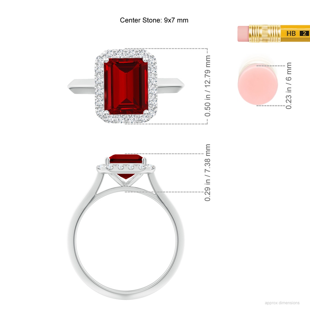 9x7mm Labgrown Lab-Grown Emerald-Cut Ruby Halo Knife-Edge Shank Engagement Ring in White Gold ruler