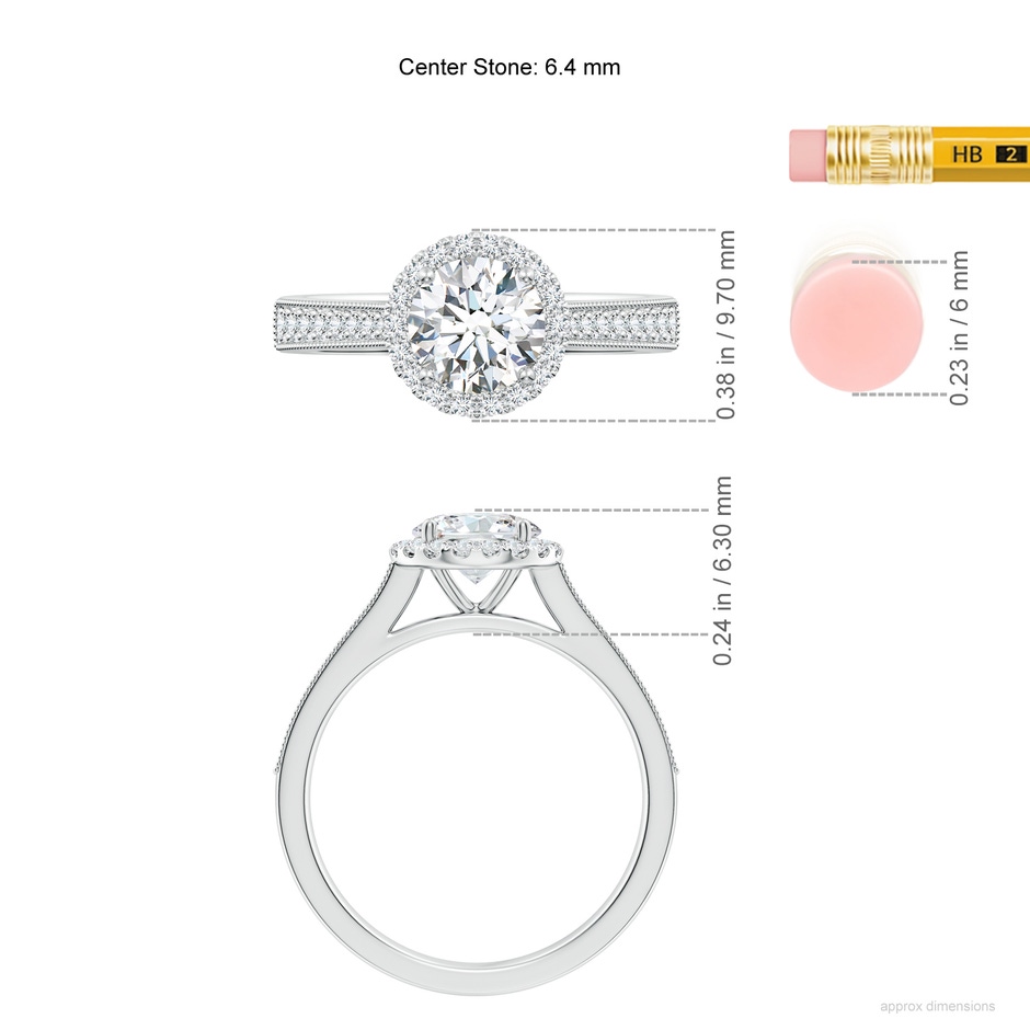 6.4mm FGVS Lab-Grown Round Diamond Reverse Tapered Shank Halo Engagement Ring in White Gold ruler