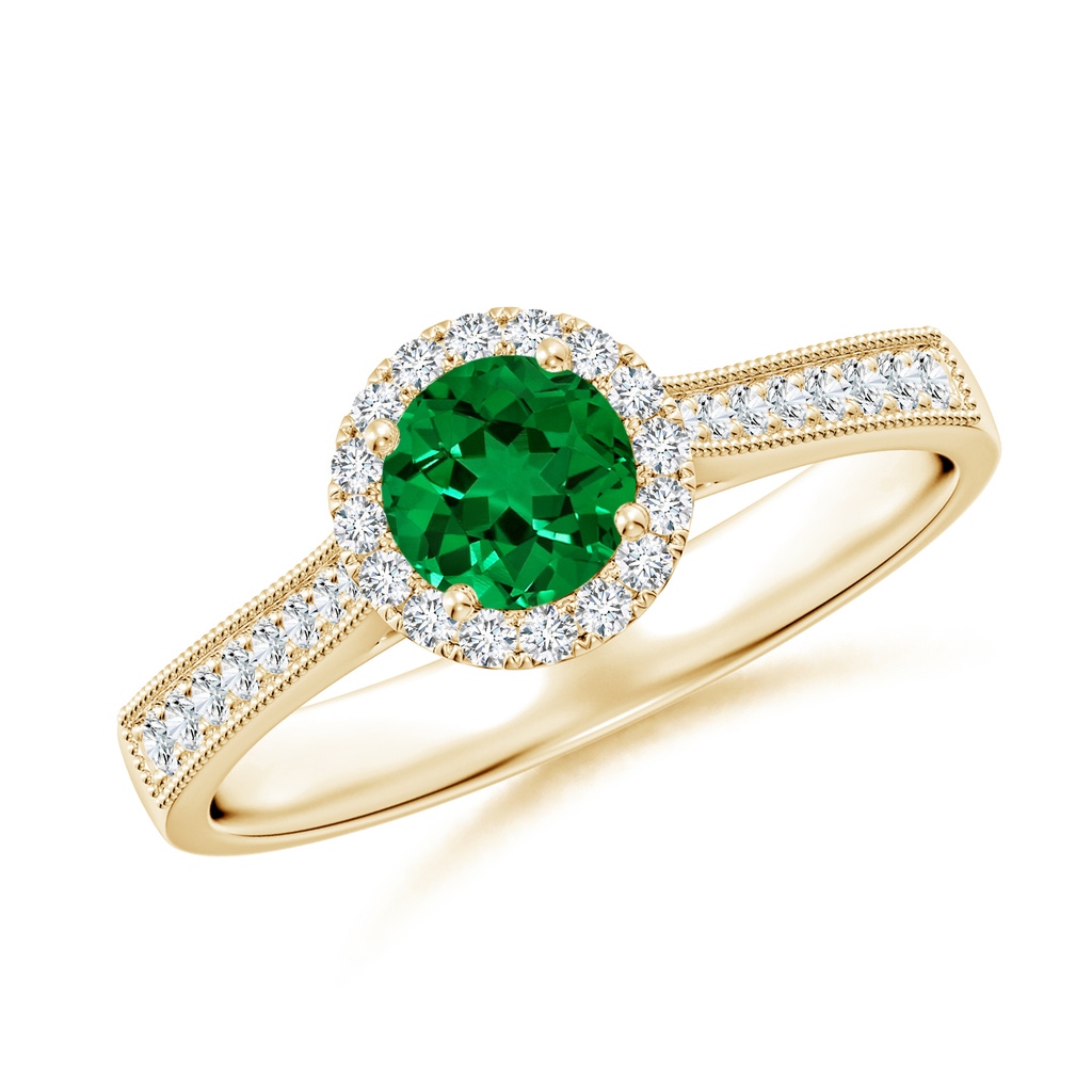 5mm Labgrown Lab-Grown Round Emerald Reverse Tapered Shank Halo Engagement Ring in 18K Yellow Gold