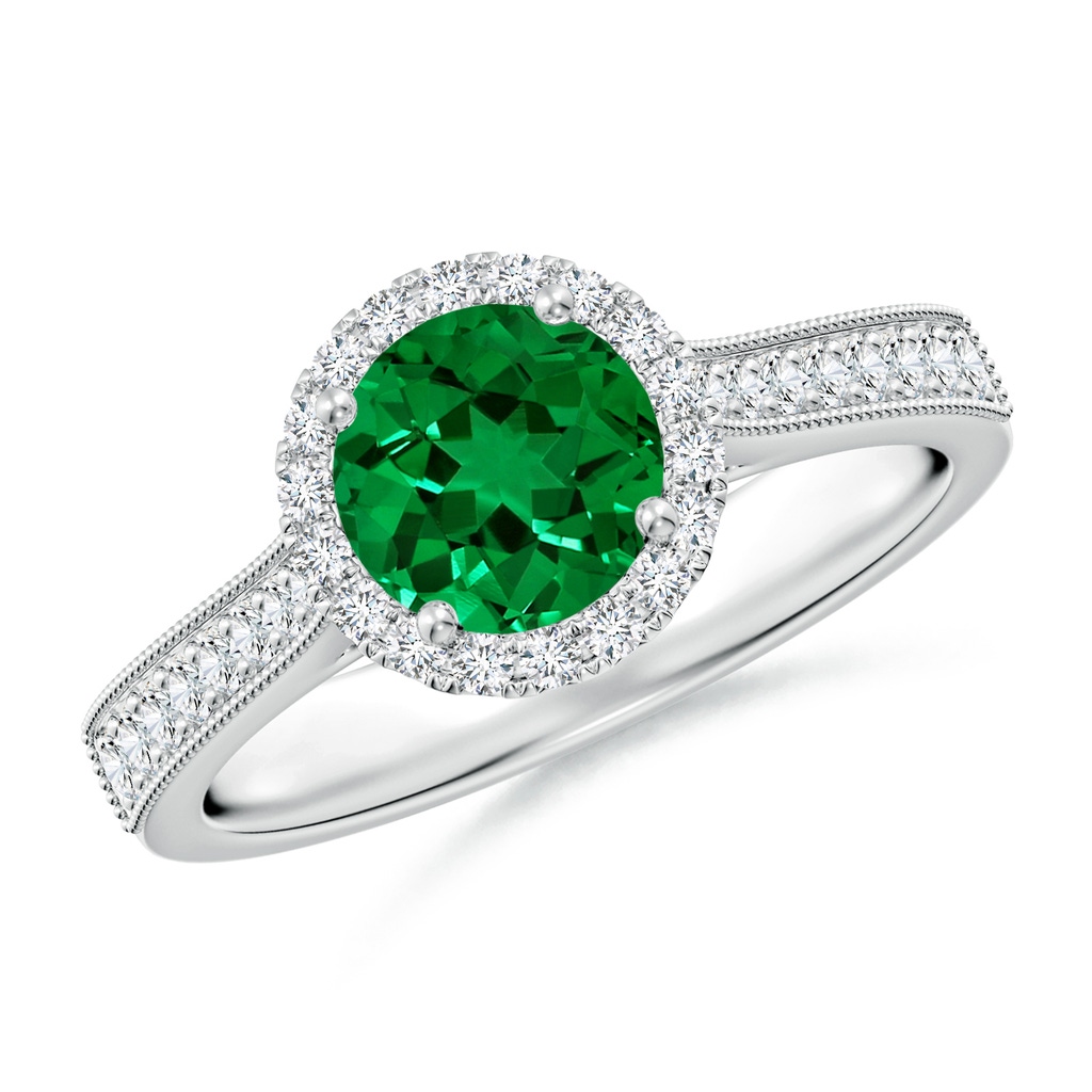 6.5mm Labgrown Lab-Grown Round Emerald Reverse Tapered Shank Halo Engagement Ring in White Gold