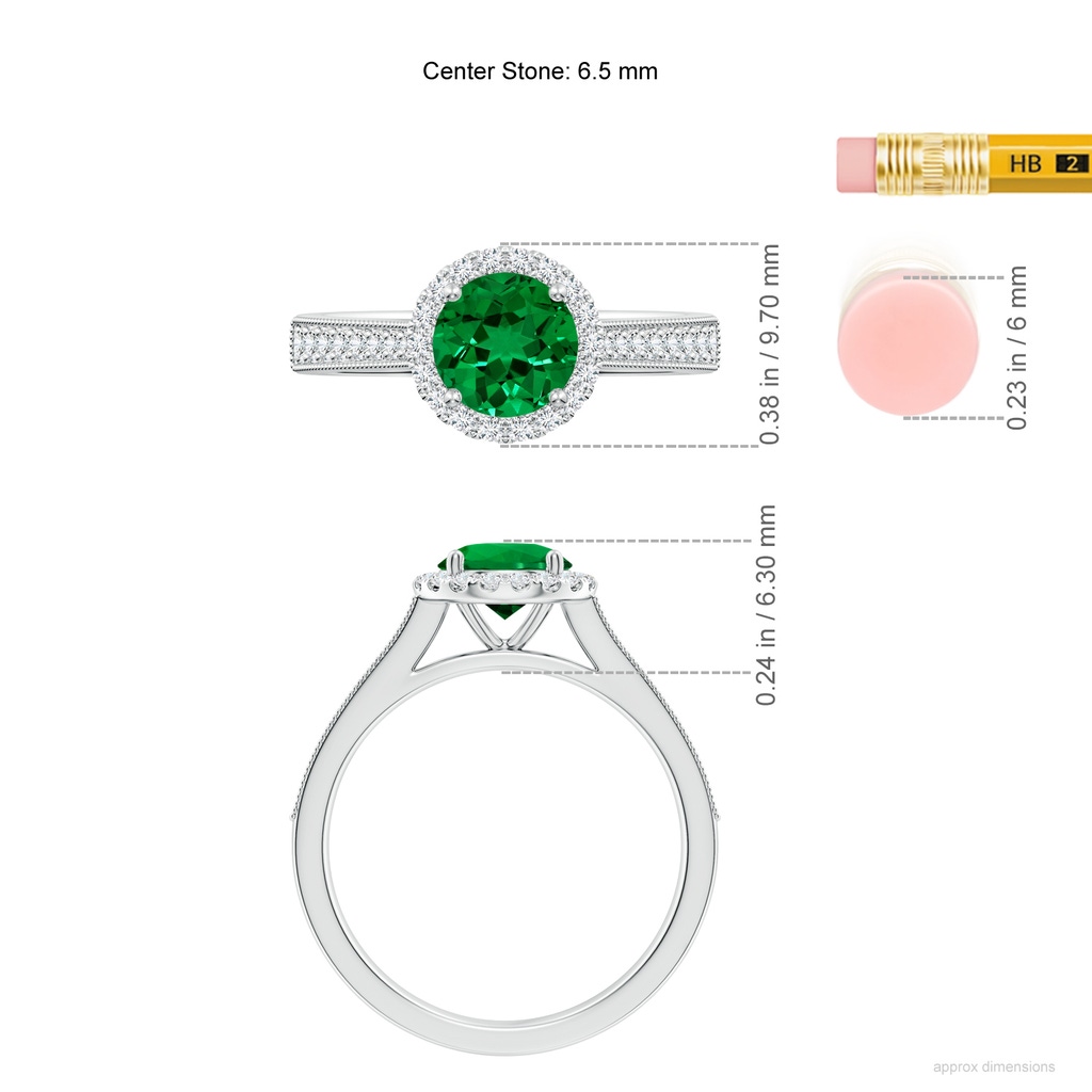 6.5mm Labgrown Lab-Grown Round Emerald Reverse Tapered Shank Halo Engagement Ring in White Gold ruler