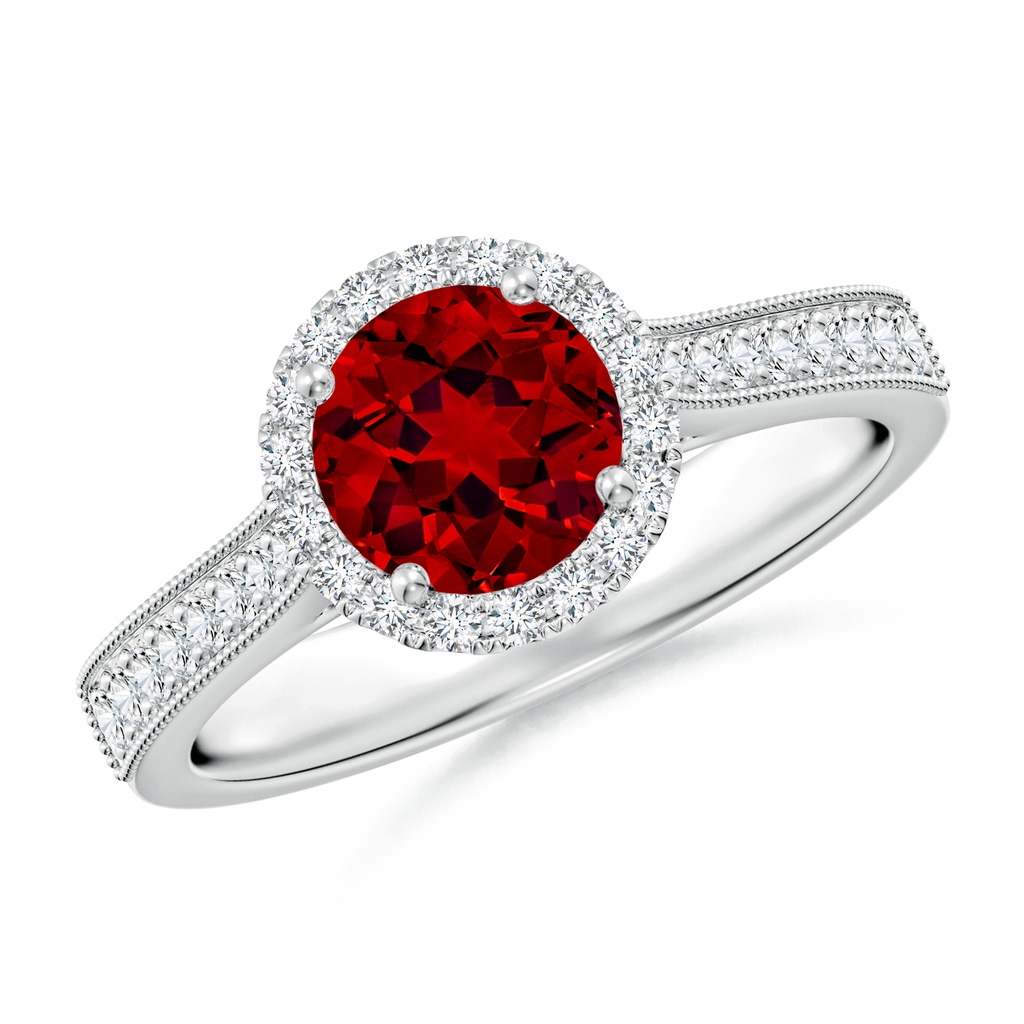 6.5mm Labgrown Lab-Grown Round Ruby Reverse Tapered Shank Halo Engagement Ring in White Gold