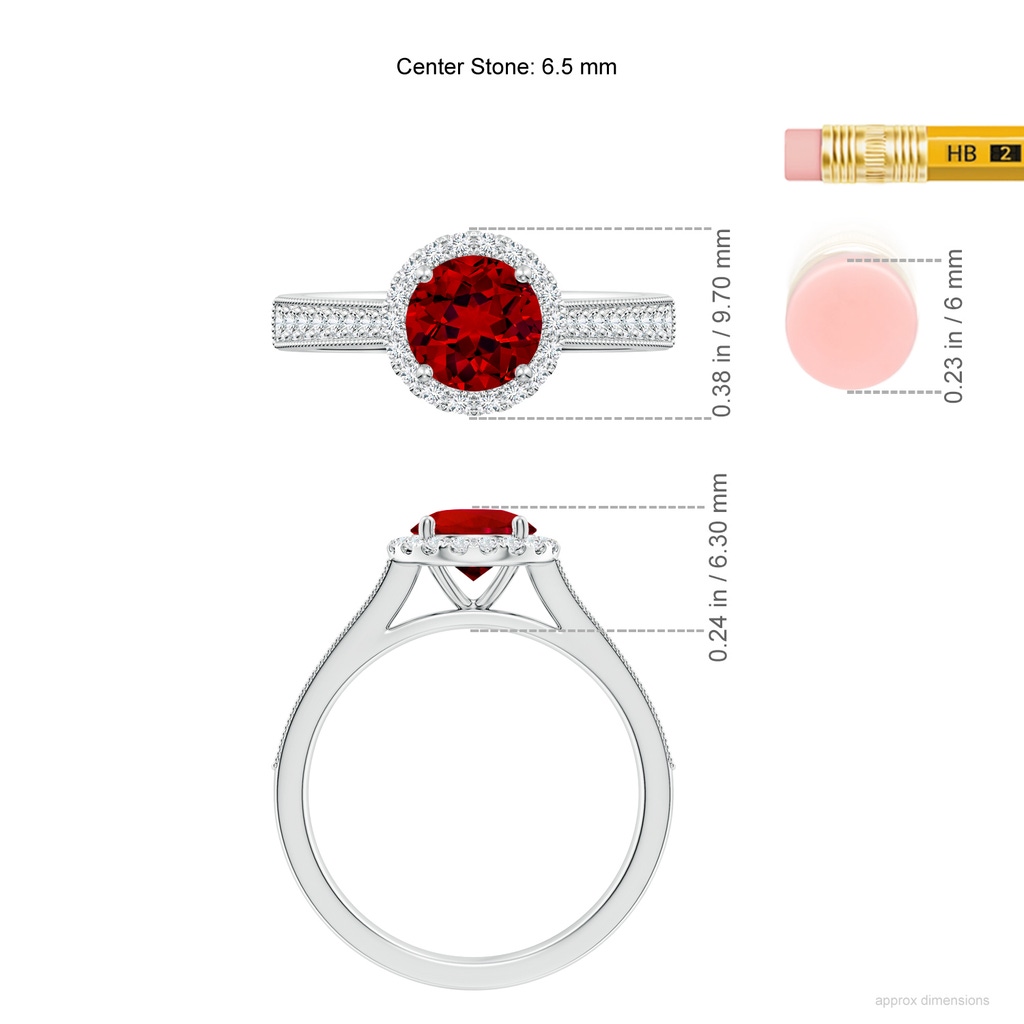6.5mm Labgrown Lab-Grown Round Ruby Reverse Tapered Shank Halo Engagement Ring in White Gold ruler