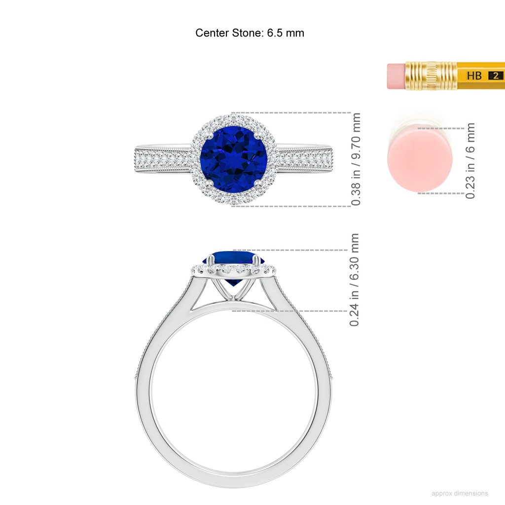 6.5mm Labgrown Lab-Grown Round Blue Sapphire Reverse Tapered Shank Halo Engagement Ring in White Gold ruler