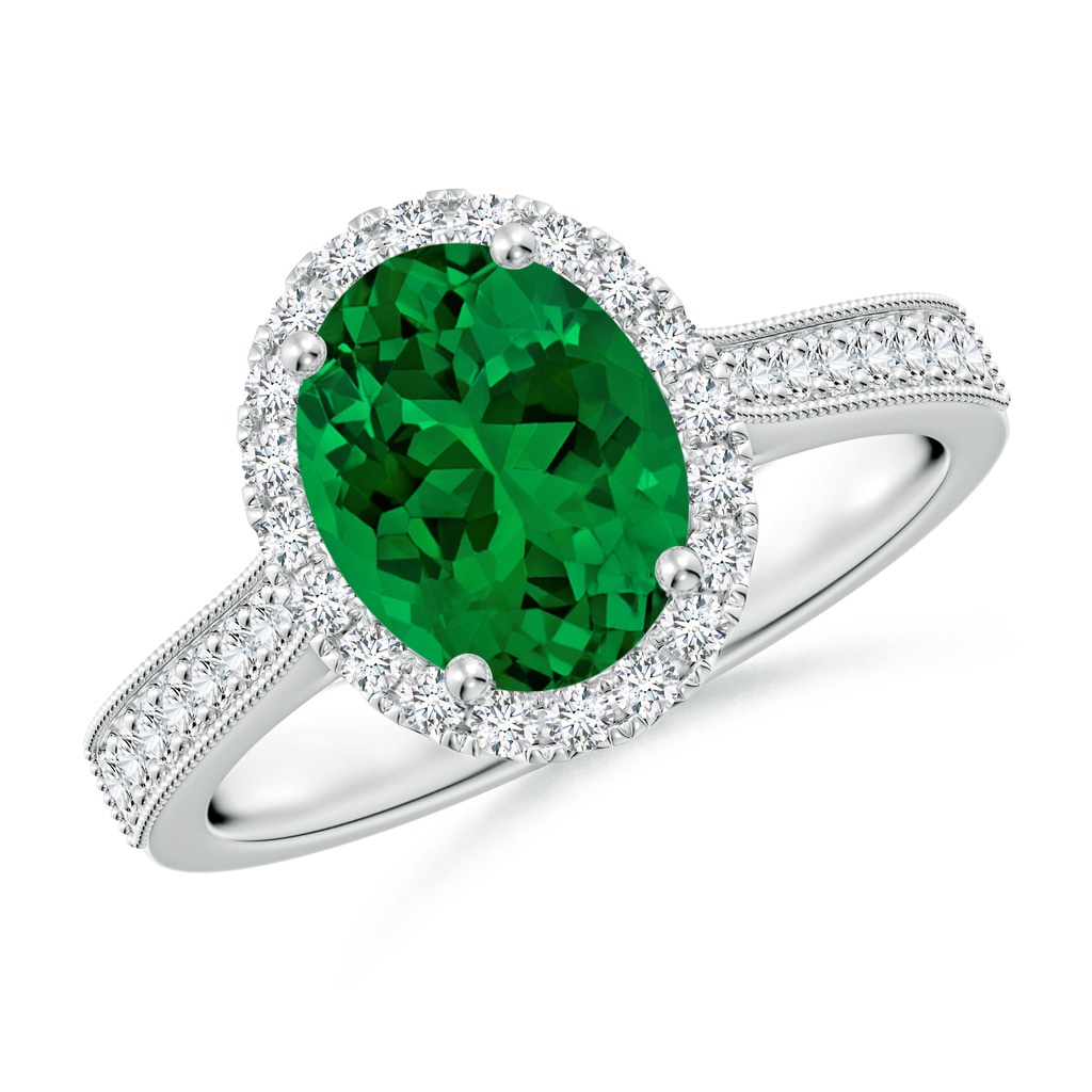 9x7mm Labgrown Lab-Grown Oval Emerald Reverse Tapered Shank Halo Engagement Ring in White Gold