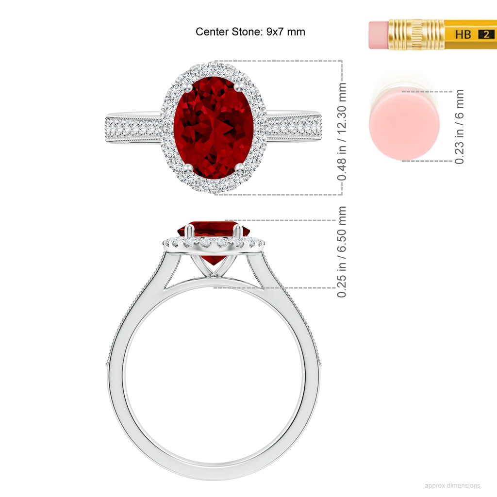 9x7mm Labgrown Lab-Grown Oval Ruby Reverse Tapered Shank Halo Engagement Ring in White Gold ruler