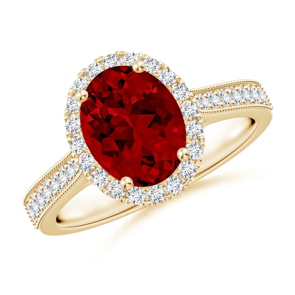 9x7mm Labgrown Lab-Grown Oval Ruby Reverse Tapered Shank Halo Engagement Ring in Yellow Gold