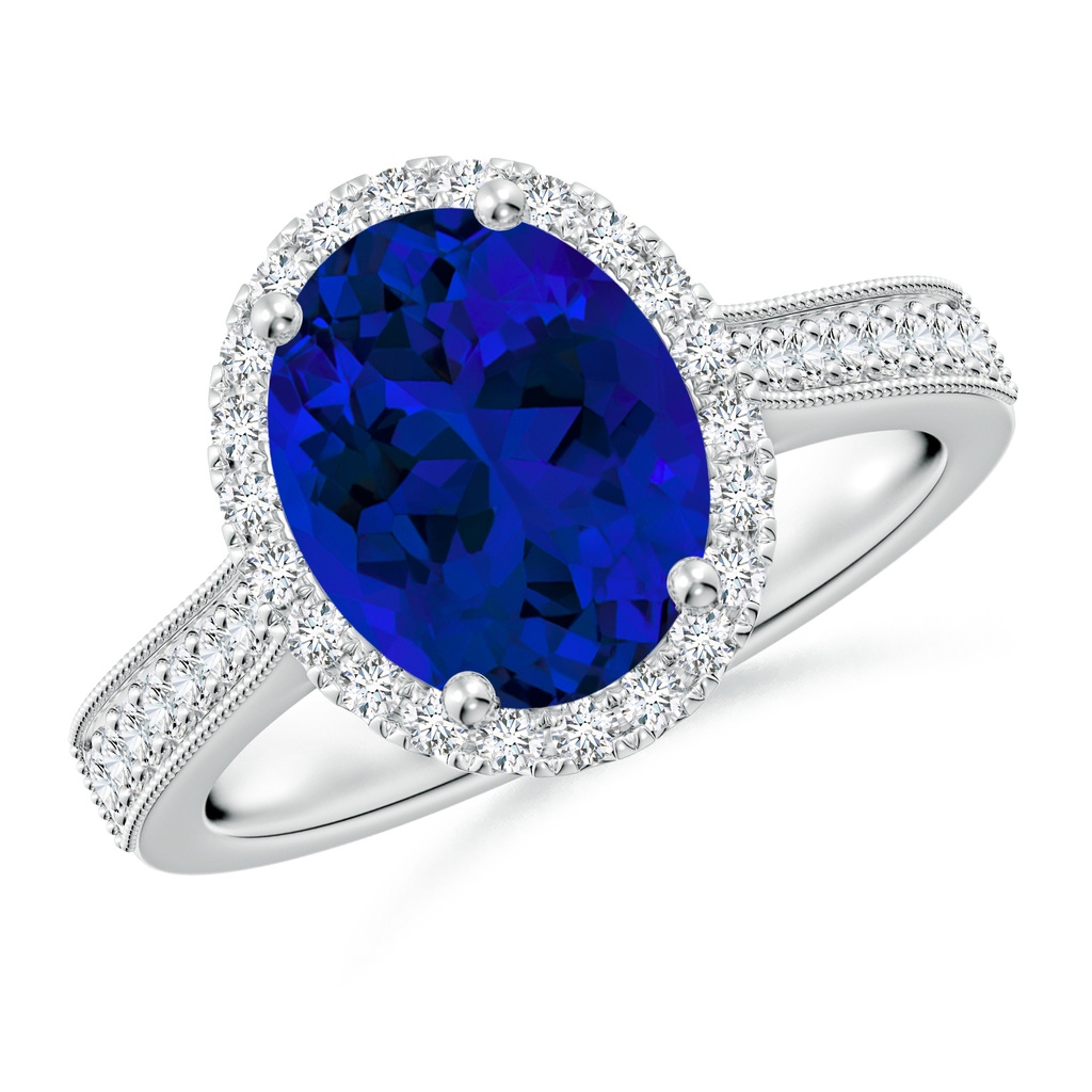 10x8mm Labgrown Lab-Grown Oval Blue Sapphire Reverse Tapered Shank Halo Engagement Ring in P950 Platinum
