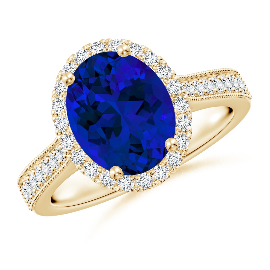 10x8mm Labgrown Lab-Grown Oval Blue Sapphire Reverse Tapered Shank Halo Engagement Ring in Yellow Gold