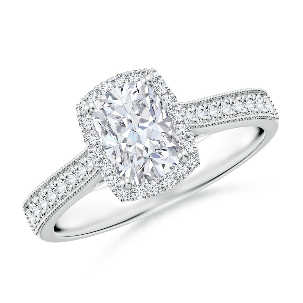 7x5mm FGVS Lab-Grown Cushion Rectangular Diamond Reverse Tapered Shank Halo Engagement Ring in White Gold