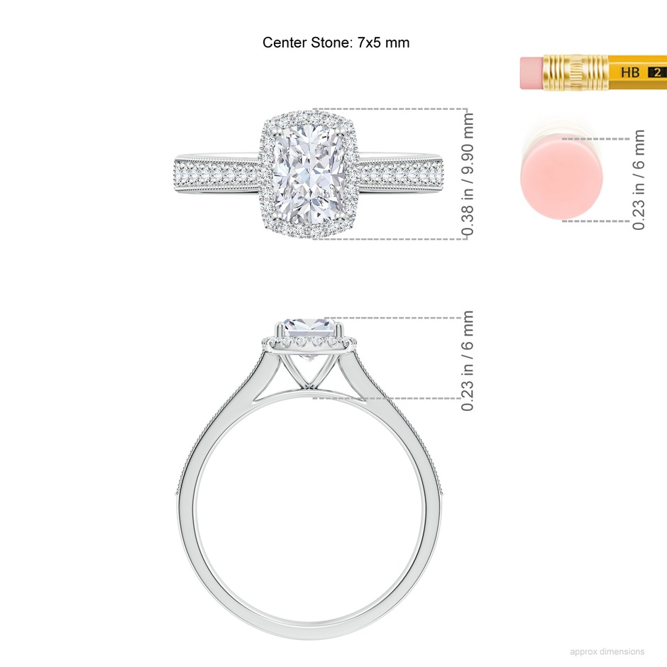 7x5mm FGVS Lab-Grown Cushion Rectangular Diamond Reverse Tapered Shank Halo Engagement Ring in White Gold ruler