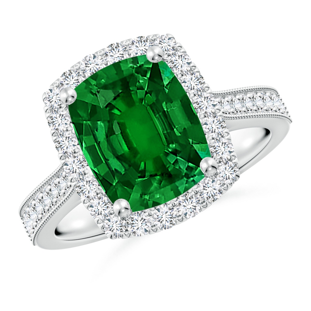 10x8mm Labgrown Lab-Grown Cushion Rectangular Emerald Reverse Tapered Shank Halo Engagement Ring in P950 Platinum