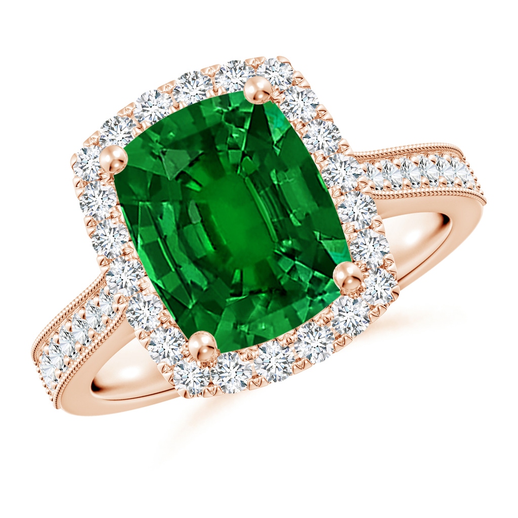 10x8mm Labgrown Lab-Grown Cushion Rectangular Emerald Reverse Tapered Shank Halo Engagement Ring in Rose Gold