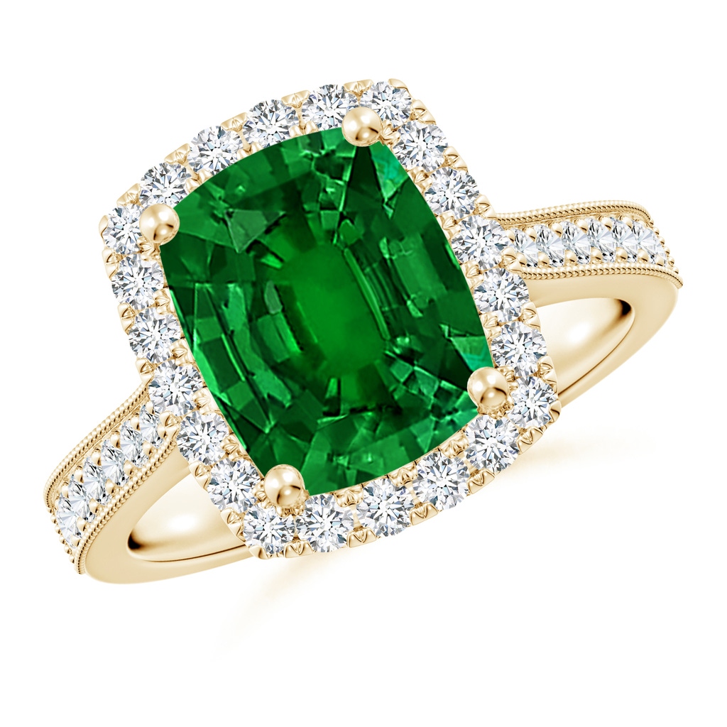 10x8mm Labgrown Lab-Grown Cushion Rectangular Emerald Reverse Tapered Shank Halo Engagement Ring in Yellow Gold