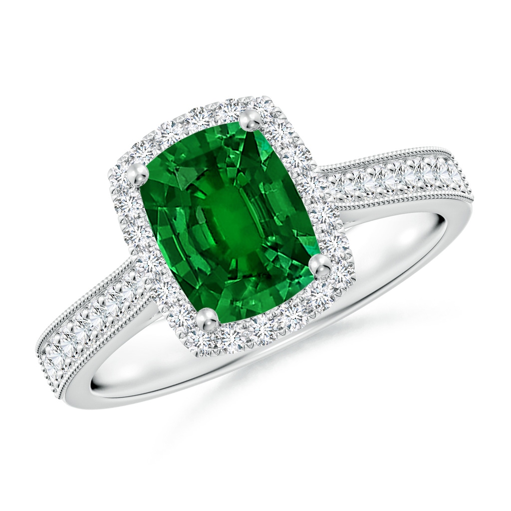 8x6mm Labgrown Lab-Grown Cushion Rectangular Emerald Reverse Tapered Shank Halo Engagement Ring in White Gold