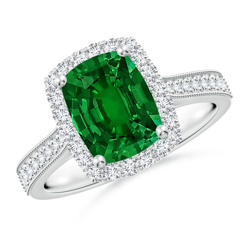 9x7mm Labgrown Lab-Grown Cushion Rectangular Emerald Reverse Tapered Shank Halo Engagement Ring in White Gold