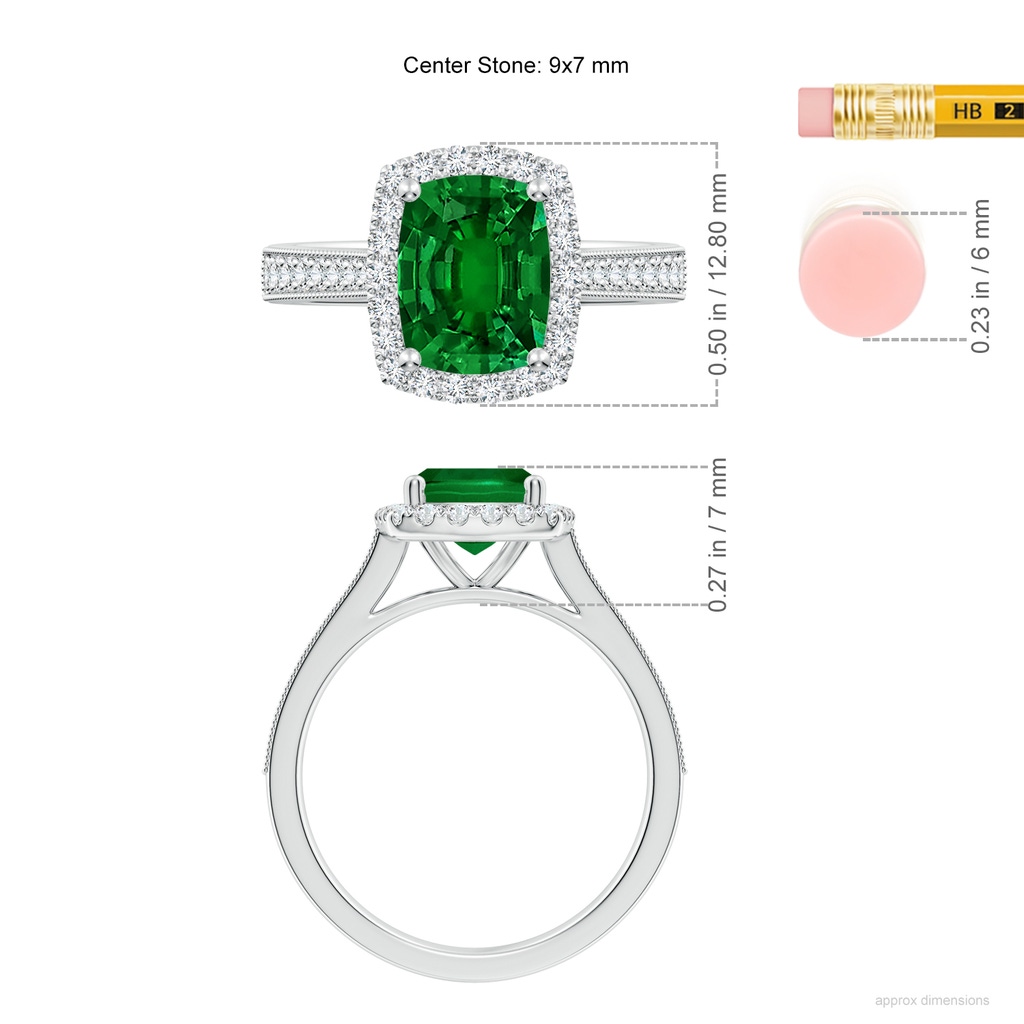 9x7mm Labgrown Lab-Grown Cushion Rectangular Emerald Reverse Tapered Shank Halo Engagement Ring in White Gold ruler