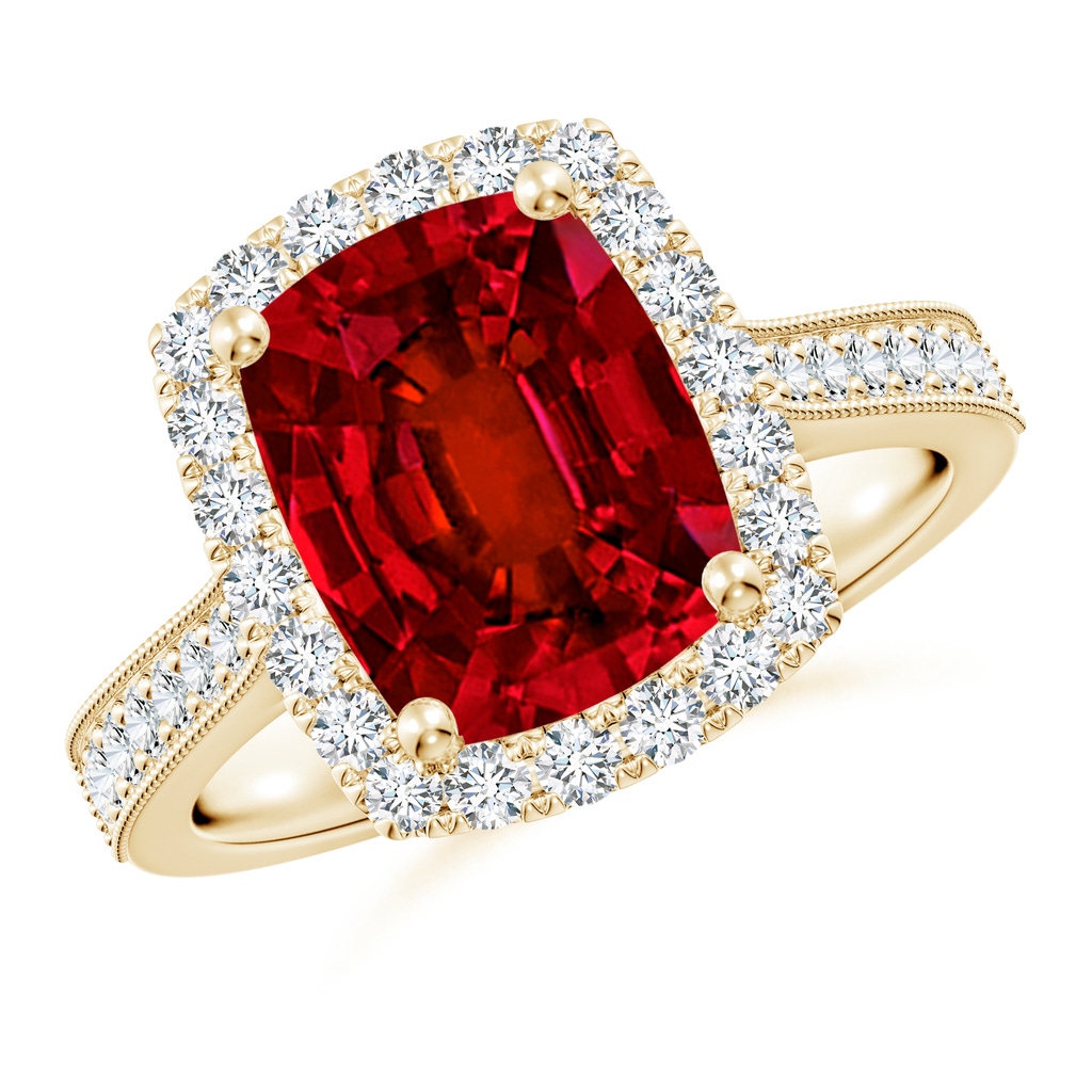 10x8mm Labgrown Lab-Grown Cushion Rectangular Ruby Reverse Tapered Shank Halo Engagement Ring in Yellow Gold