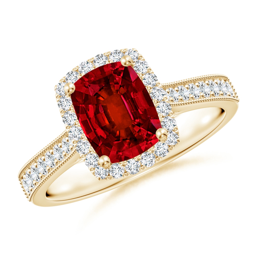 8x6mm Labgrown Lab-Grown Cushion Rectangular Ruby Reverse Tapered Shank Halo Engagement Ring in Yellow Gold