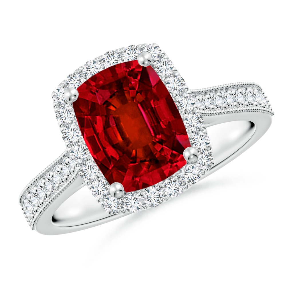 9x7mm Labgrown Lab-Grown Cushion Rectangular Ruby Reverse Tapered Shank Halo Engagement Ring in White Gold