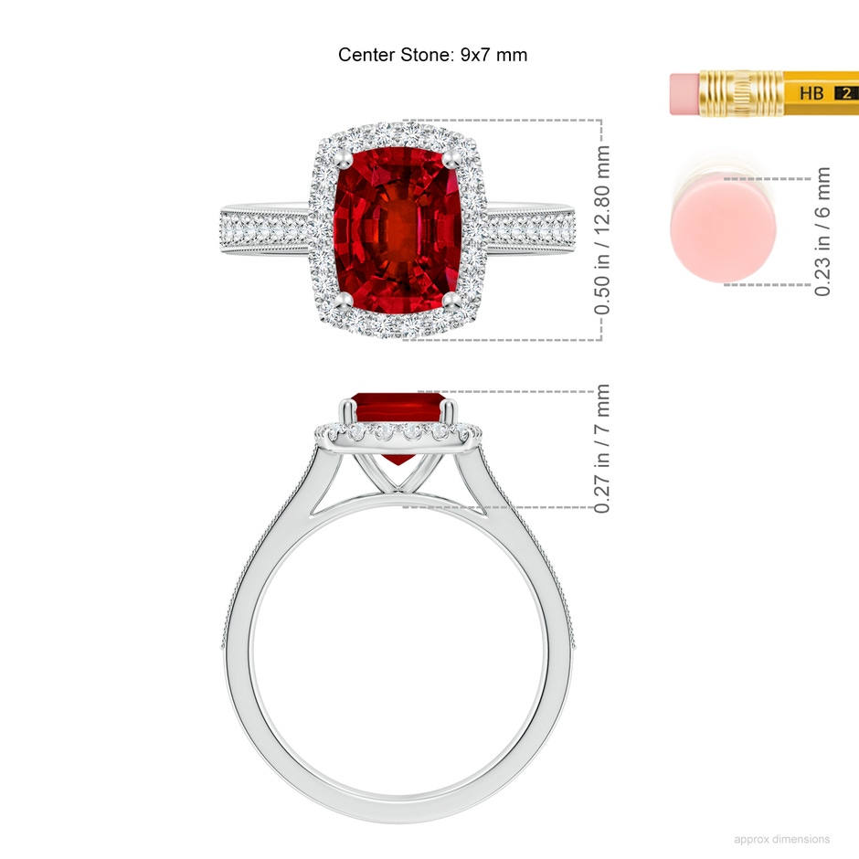 9x7mm Labgrown Lab-Grown Cushion Rectangular Ruby Reverse Tapered Shank Halo Engagement Ring in White Gold ruler