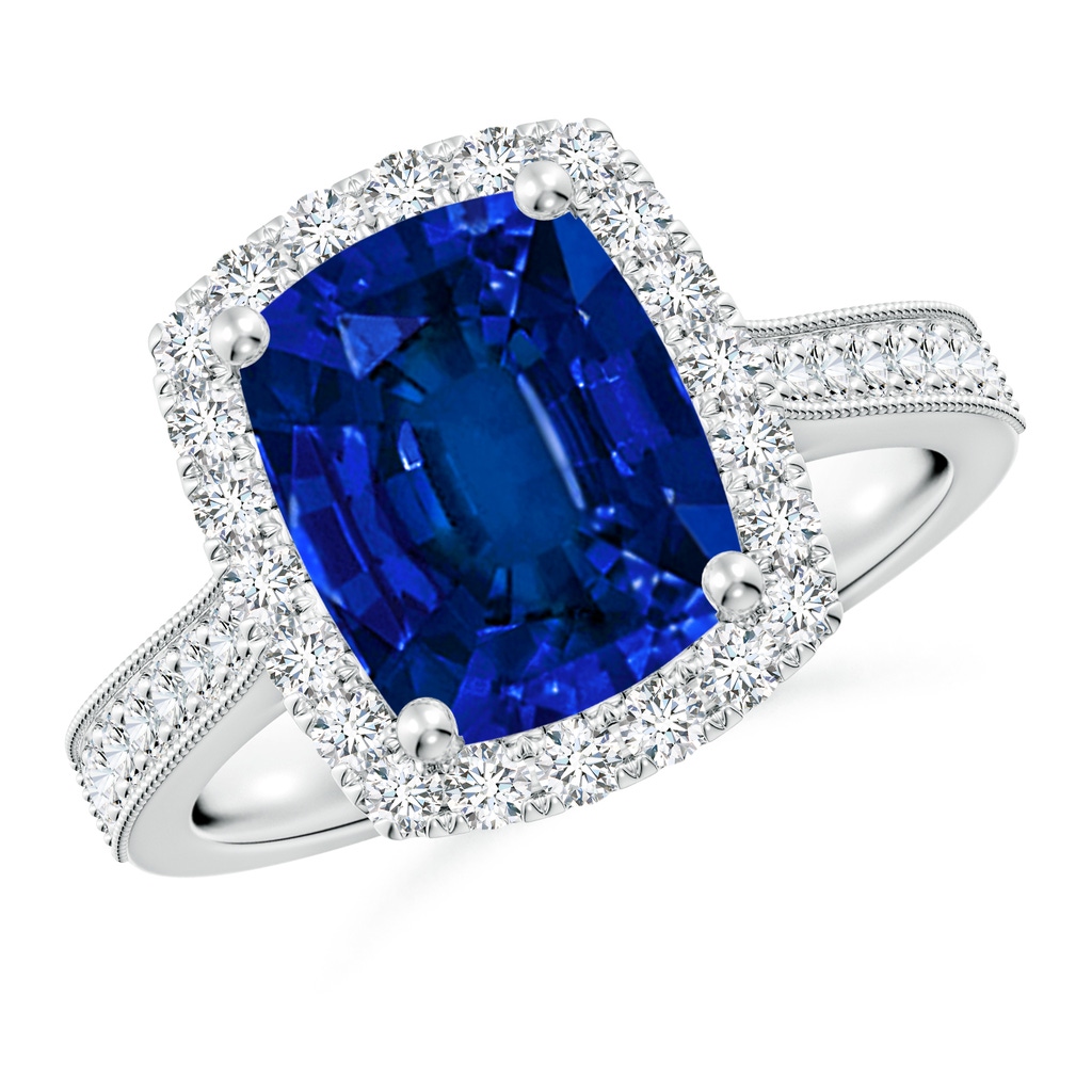 10x8mm Labgrown Lab-Grown Cushion Rectangular Blue Sapphire Reverse Tapered Shank Halo Engagement Ring in P950 Platinum