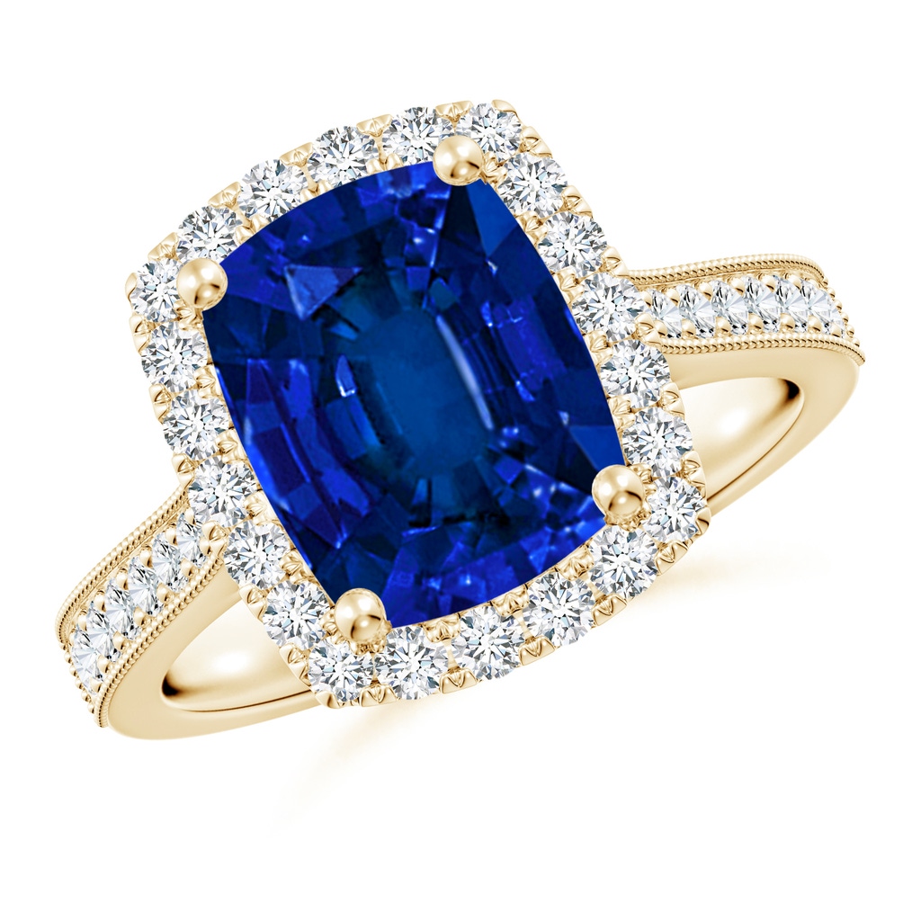 10x8mm Labgrown Lab-Grown Cushion Rectangular Blue Sapphire Reverse Tapered Shank Halo Engagement Ring in Yellow Gold