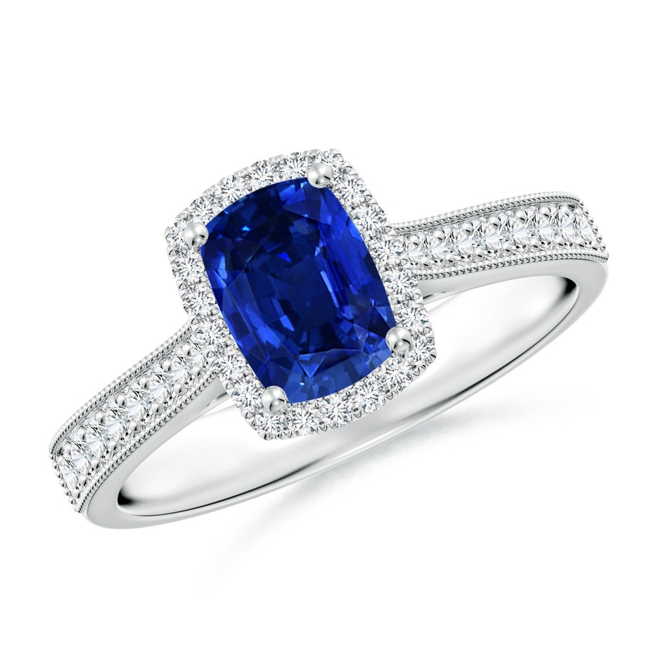 7x5mm Labgrown Lab-Grown Cushion Rectangular Blue Sapphire Reverse Tapered Shank Halo Engagement Ring in 18K White Gold 