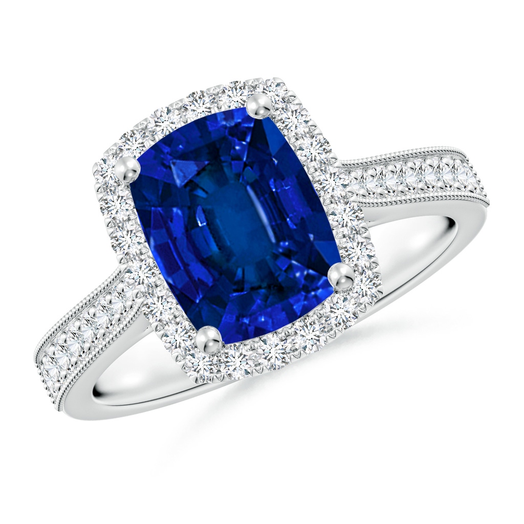 9x7mm Labgrown Lab-Grown Cushion Rectangular Blue Sapphire Reverse Tapered Shank Halo Engagement Ring in White Gold