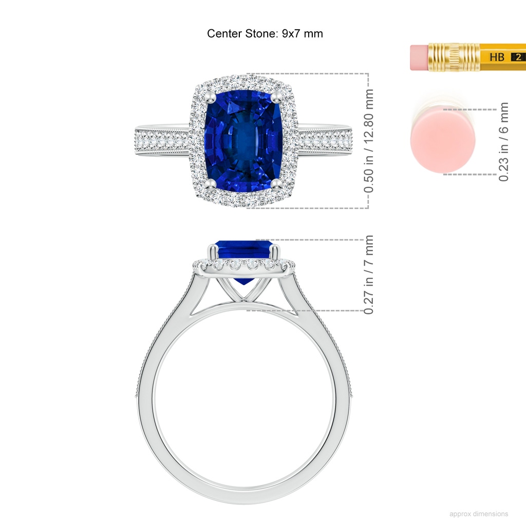 9x7mm Labgrown Lab-Grown Cushion Rectangular Blue Sapphire Reverse Tapered Shank Halo Engagement Ring in White Gold ruler