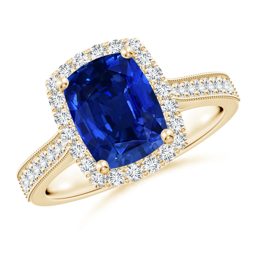 9x7mm Labgrown Lab-Grown Cushion Rectangular Blue Sapphire Reverse Tapered Shank Halo Engagement Ring in Yellow Gold