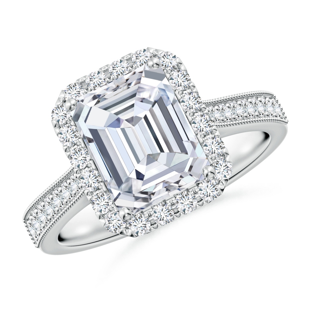 8.5x6.5mm FGVS Lab-Grown Emerald-Cut Diamond Reverse Tapered Shank Halo Engagement Ring in White Gold