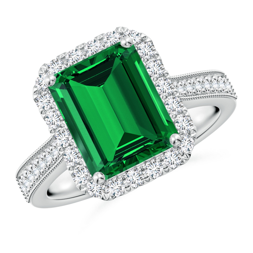 10x8mm Labgrown Lab-Grown Emerald-Cut Emerald Reverse Tapered Shank Halo Engagement Ring in P950 Platinum