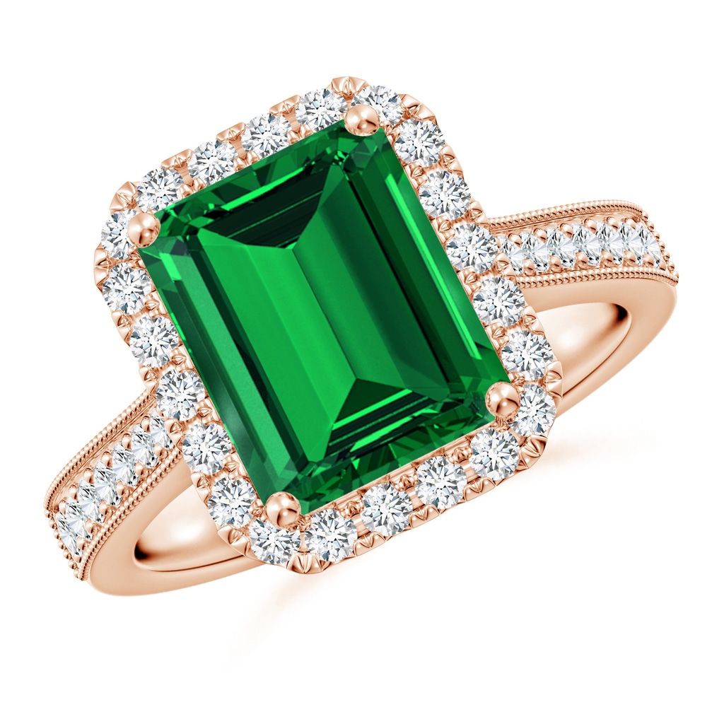 10x8mm Labgrown Lab-Grown Emerald-Cut Emerald Reverse Tapered Shank Halo Engagement Ring in Rose Gold