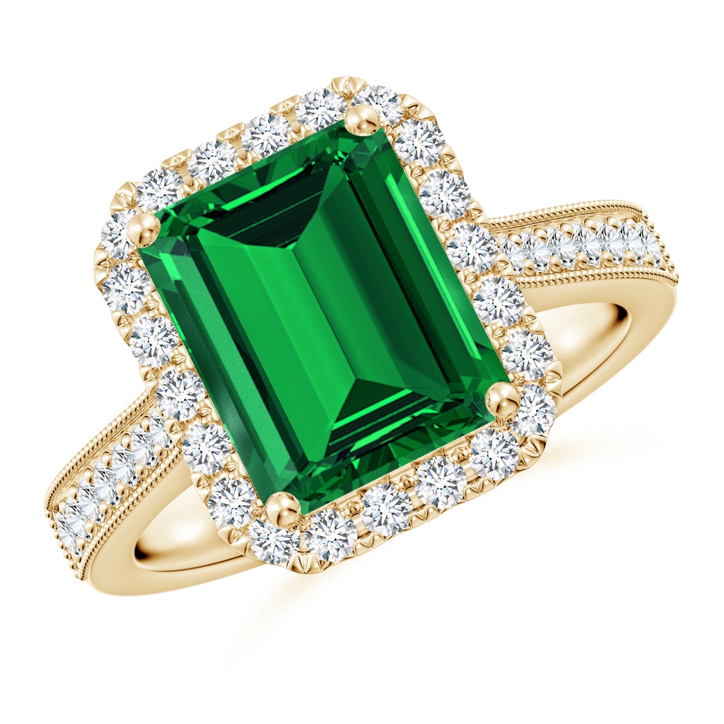 10x8mm Labgrown Lab-Grown Emerald-Cut Emerald Reverse Tapered Shank Halo Engagement Ring in Yellow Gold
