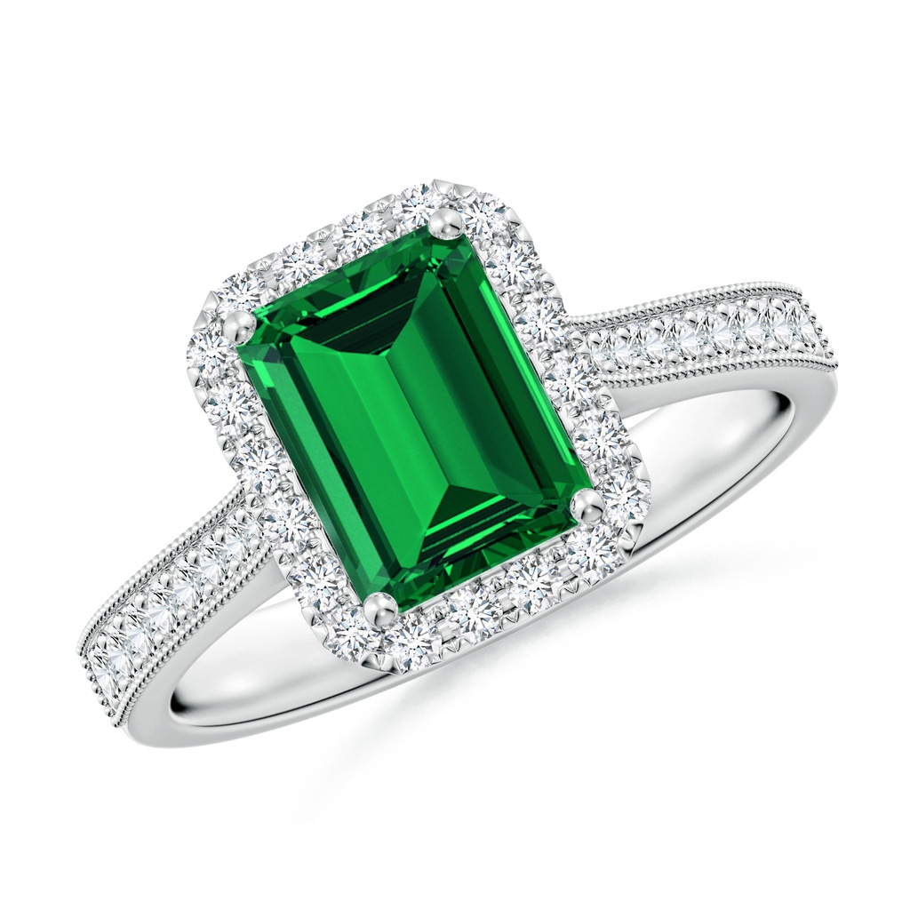 8x6mm Labgrown Lab-Grown Emerald-Cut Emerald Reverse Tapered Shank Halo Engagement Ring in White Gold