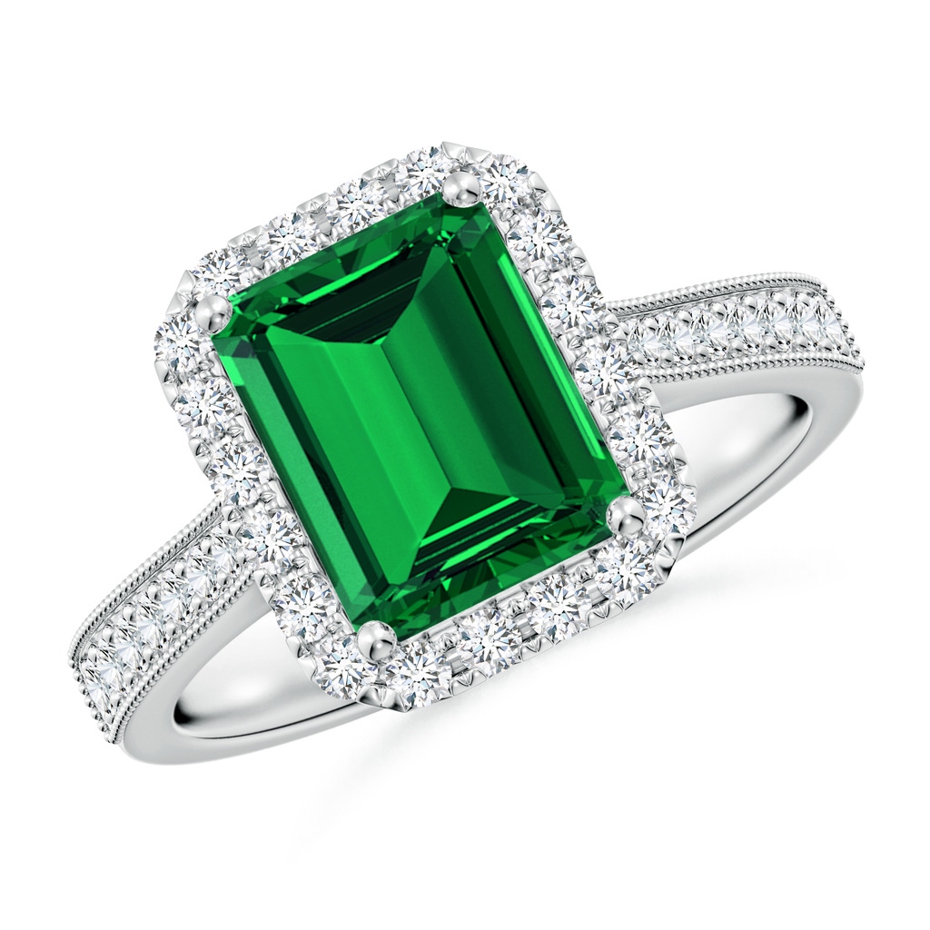 9x7mm Labgrown Lab-Grown Emerald-Cut Emerald Reverse Tapered Shank Halo Engagement Ring in White Gold