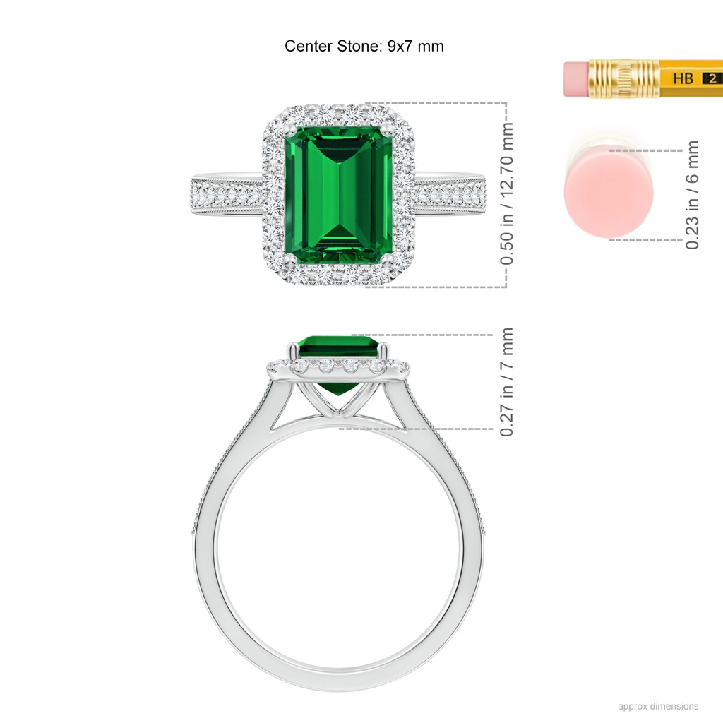 9x7mm Labgrown Lab-Grown Emerald-Cut Emerald Reverse Tapered Shank Halo Engagement Ring in White Gold ruler