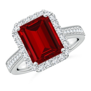 10x8mm Labgrown Lab-Grown Emerald-Cut Ruby Reverse Tapered Shank Halo Engagement Ring in P950 Platinum