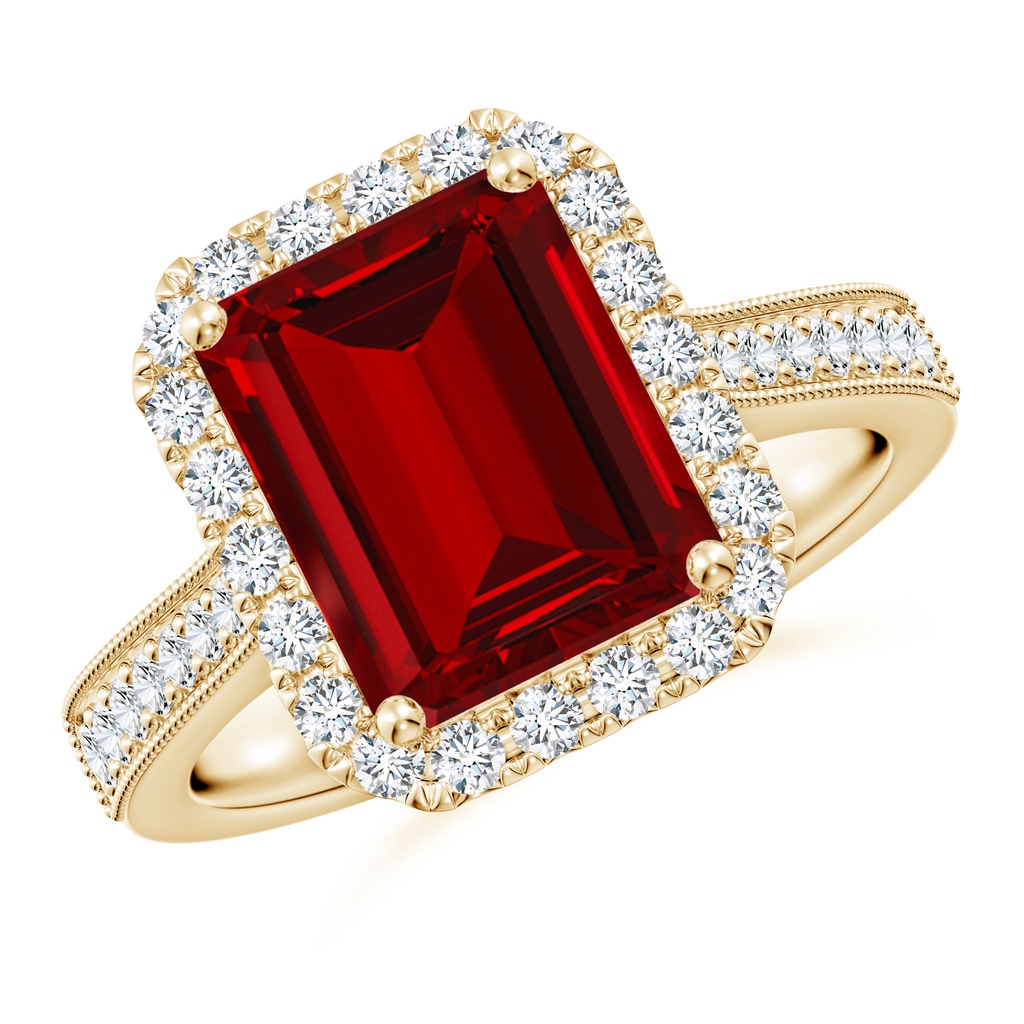 10x8mm Labgrown Lab-Grown Emerald-Cut Ruby Reverse Tapered Shank Halo Engagement Ring in Yellow Gold